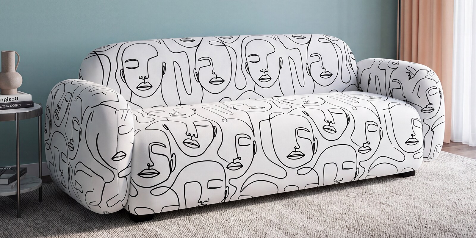 Royale Abstract Line Art  Contemporary Muse 3 Seater Polyester Upholstered Sofa 