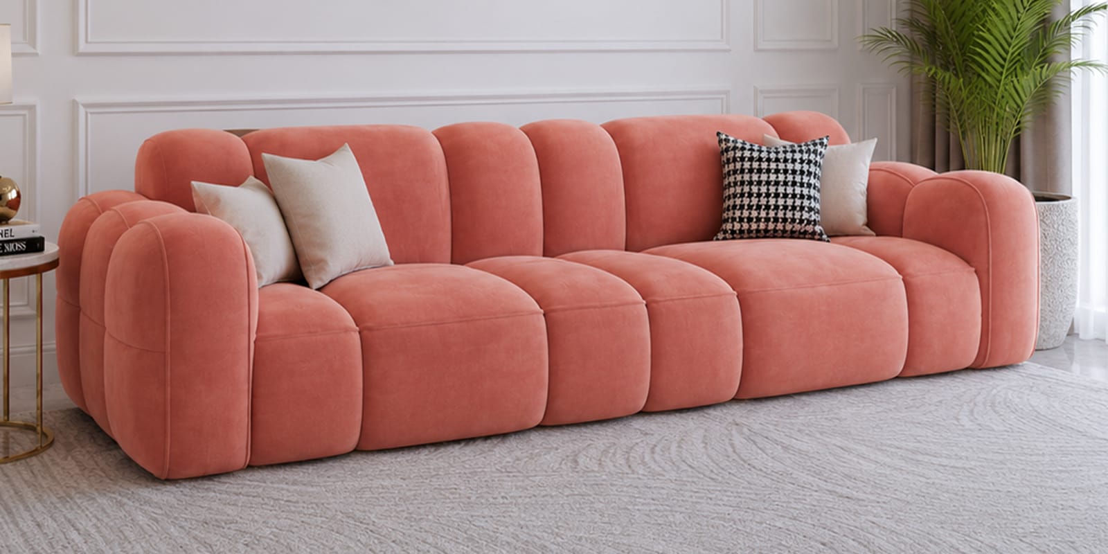 Royale Teak Wood Upholstered Sofa In Light Pink Colour Royale Teak Wood Upholstered Sofa In Light Pink Colour