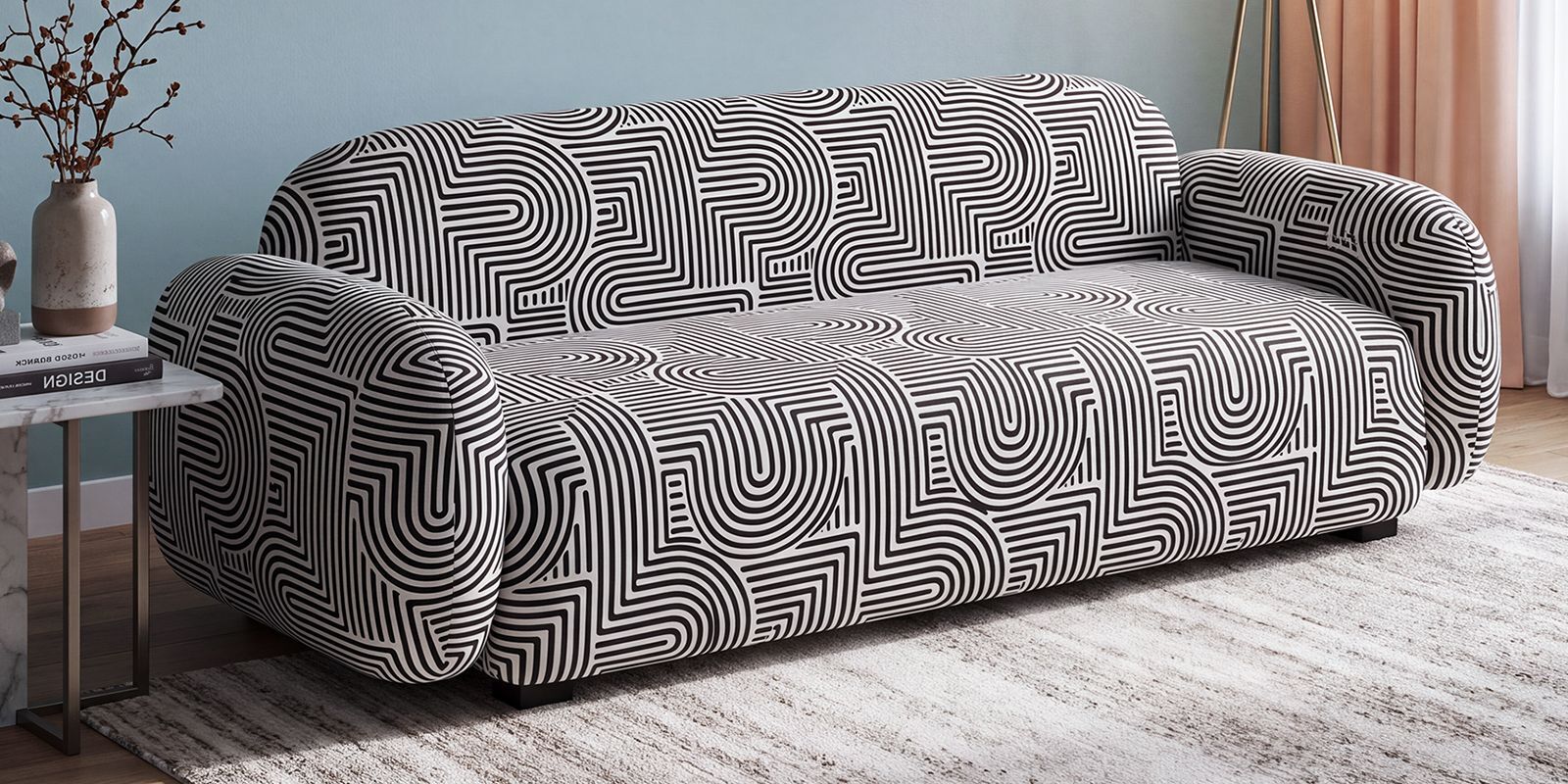 Royale Urban Maze 3 Seater  Polyester Upholstered Sofa In Optical Art Pattern