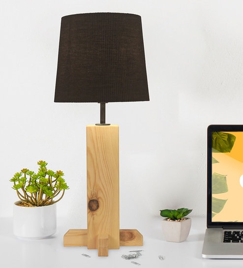 Rocket Wooden Table Lamp with Black Fabric Shade & Beige Base by Symplify