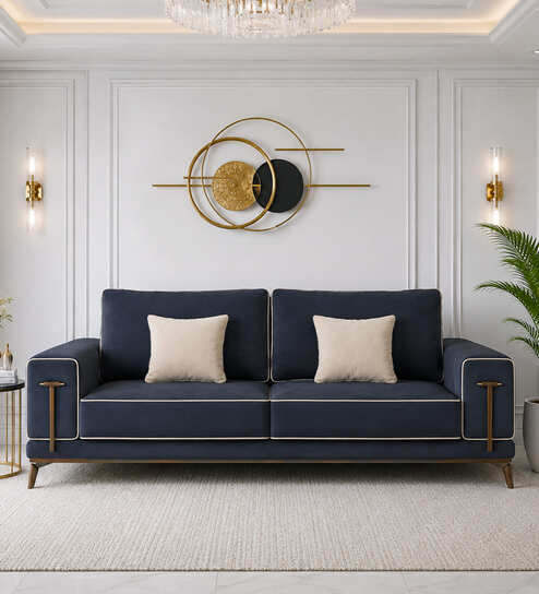 Rodeo Sal Wood 3 Seater Sofa In Blue Colour