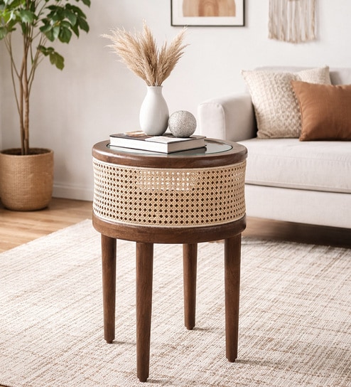 woodsworth from pepperfry Rogaland Mango Wood End Table In Tubbaq Finish With Clear Glass Top-picture-29