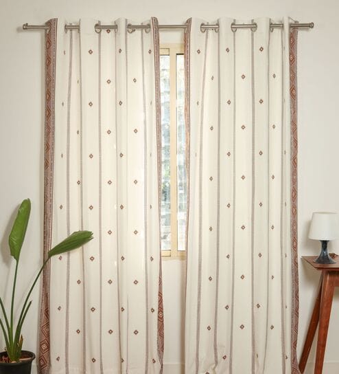 Roma Brown Cotton 230 GSM  Geometric 9 Feet Room Darkening Eyelet Long Door Curtains (2 Pc)