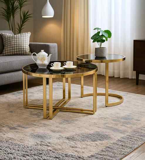 Romania Italian Marble Nesting Coffee Table Set of 2 In Gold Finish