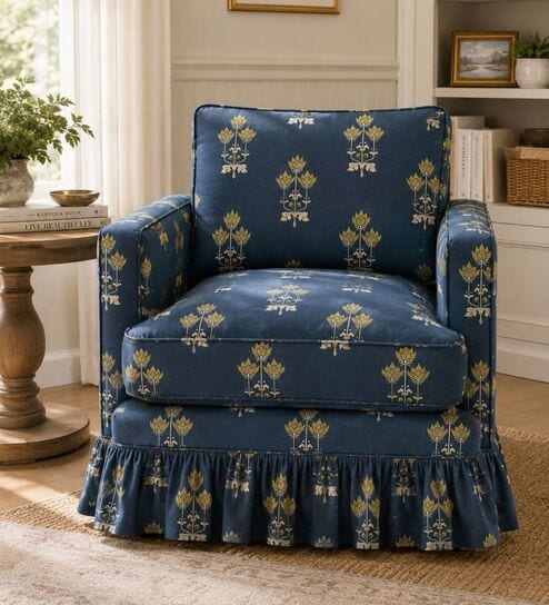 Romelle 1 Seater Sofa With Teak Wood  And Suede Fabric In Blue Colour