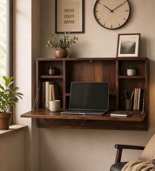 Roscoe Sheesham Wood Wall Mounted Study  Table In Provincial Teak Finish