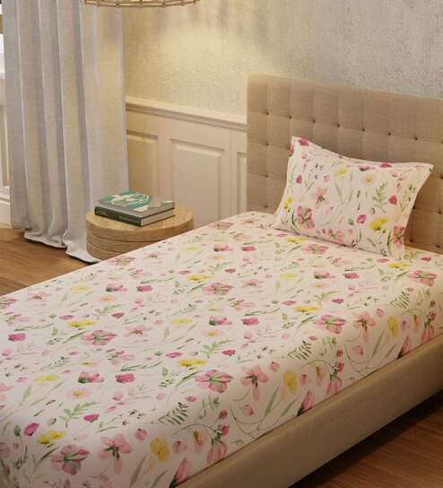 Rose Pink Floral 200 TC Cotton Single Bedsheet with 1 Pillow Cover