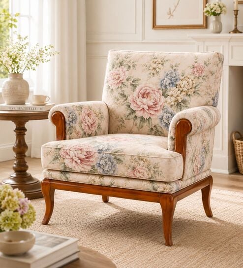 Rosea Teak Wood Arm Chair With Suede Fabric In Multicolor
