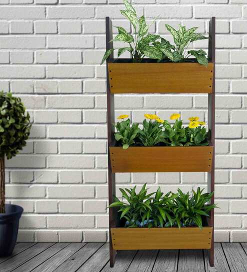 Rosewood & Oak Yellow Wood Polymer Composite Three Step Ladder Large Planter