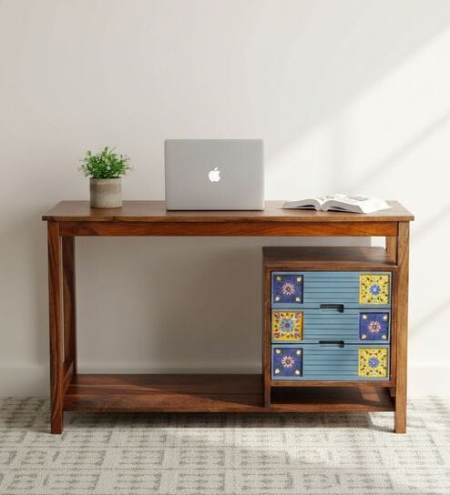 Roswell Writing Table In Teak Finish With Drawer Storage