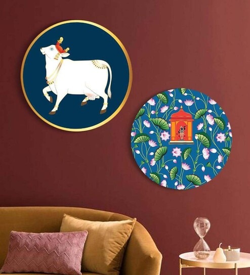 Round Blue Pichwai Folk Art Krishna Canvas Set Of 2 Art Print By The Artment