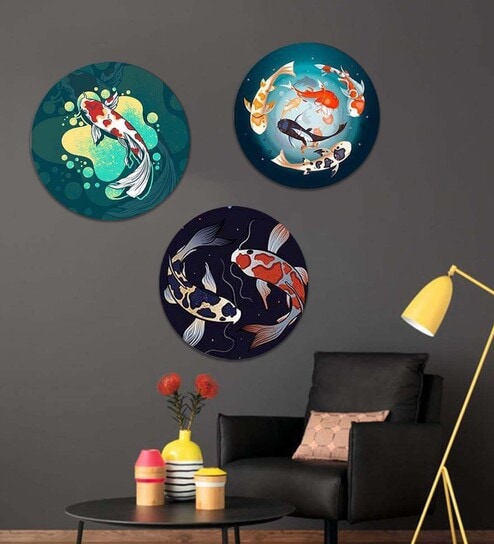 Round Blue Prized Koi Pond Canvas Set Of 3 Art Print By The Artment
