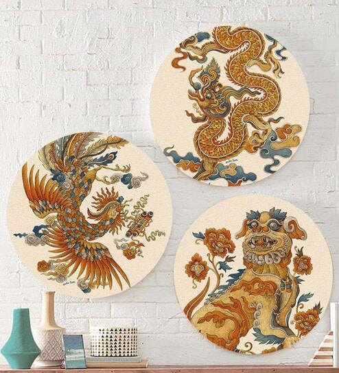 Round Brown Lucky Loong Canvas Set Of 3 Art Print By The Artment