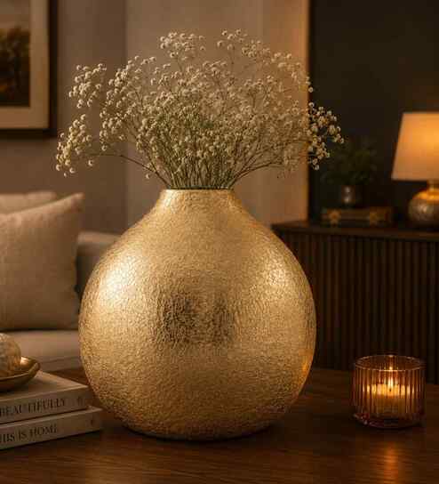 Round Flower Vase for Home Decor, Iron, Gold Textured Matte Finish