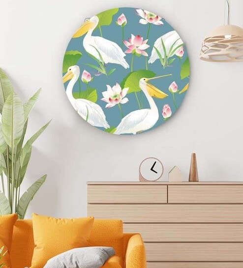 Round Green Pelicans Chilling With Lotuses Canvas Art Print By The Artment