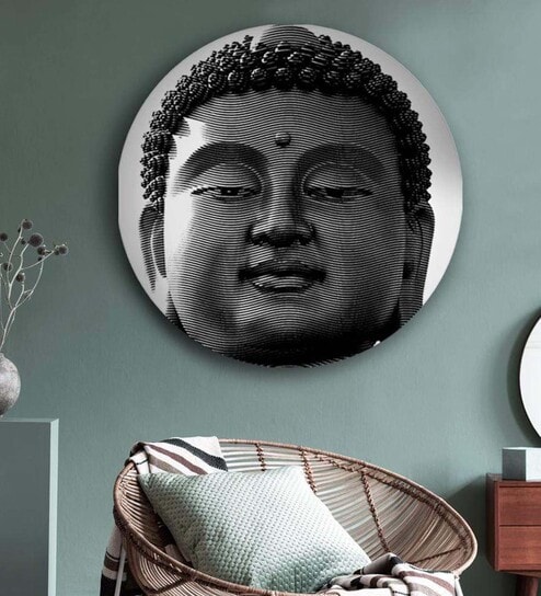 Round Grey Tranquil Eyes Of Buddha Canvas Art Print By The Artment