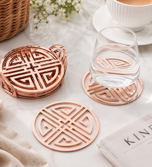 Rose Gold Round Jali Coasters Set Of 4