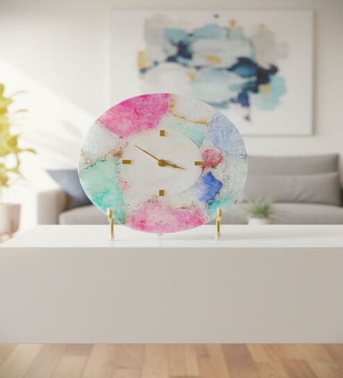 Round Multicolor Agate And White Marble Big Desk Clock With Metal Stand
