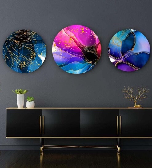 Round Multicolour Abstract Flowers In Hues Of Blue Canvas Set Of 3 Art Print By The Artment
