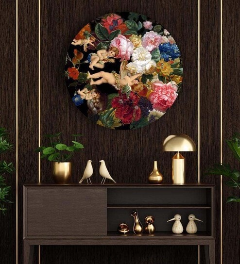 Round Multicolour Angels Surrounded By Roses Canvas Art Print By The Artment