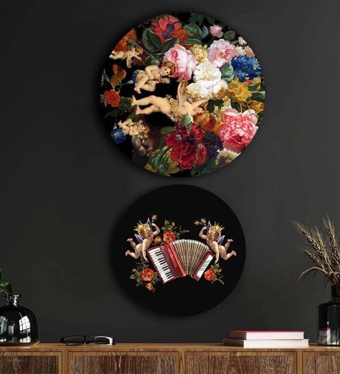 Round Multicolour Angels Surrounded By Roses Canvas Set Of 2 Art Print By The Artment