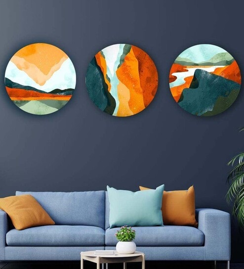 Round Multicolour On The Mountain Edge Set Of 3 Art Print By The Artment