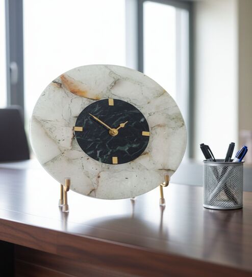 Round White Agate And Green Marble Big Desk Clock With Metal Stand