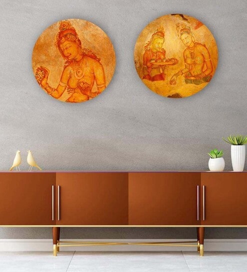 Round Yellow Alluring Maidens Of Sigiriya Set Of 2 Art Print By The Artment