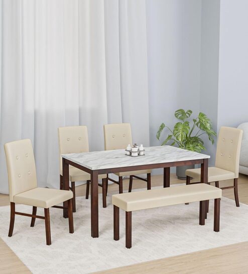 Roxbury Solid Wood 6 Seater Dining Set In Oak Finish With Bench