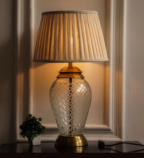 Royal Brass Antique Finish And Diamond Cut Glass Table Lamp 25 Inches Height With Off White Pleated 14 Inches Diameter Lampshade
