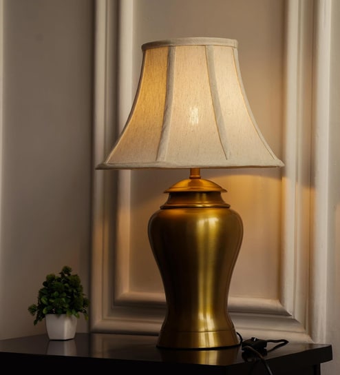 Royal Brass Antique Gold Finish Table Lamp 24 Inches Height With Off White 14 Inches Bell Diameter Lampshade