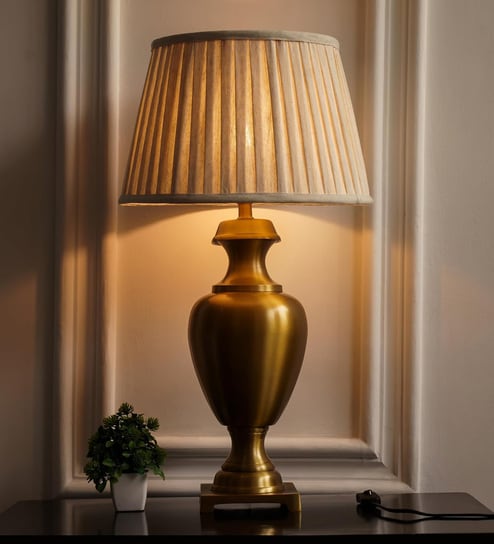 Royal Brass Antique Gold Finish Trophy Table Lamp 27 Inches Height With Off White Pleated 14 Inches Diameter Lampshade