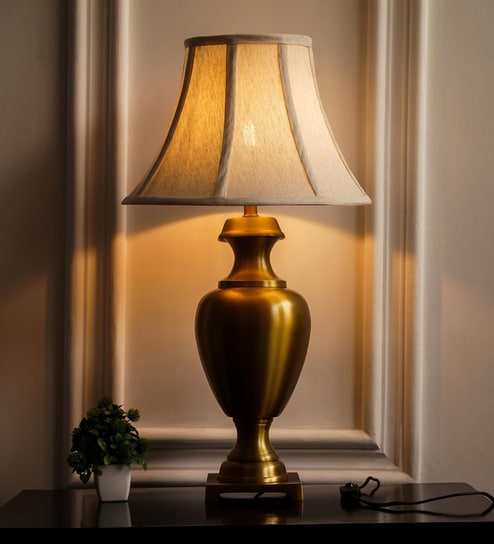 Royal Brass Antique Gold Finish Trophy Table Lamp 28 Inches Height With Off White Bell 14 Inches Diameter Lampshade