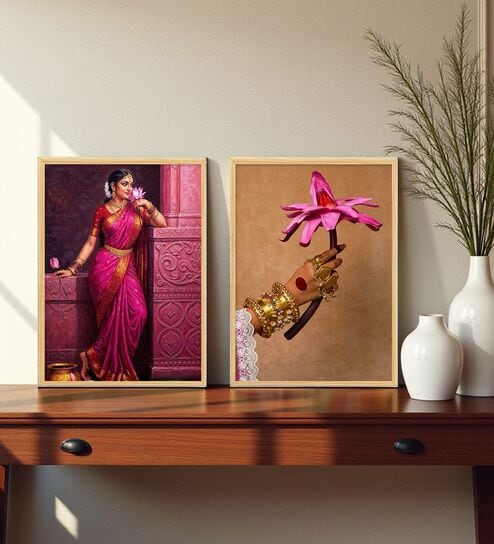 Traditional Indian Woman & Lotus Wall Art Framed Set of 3