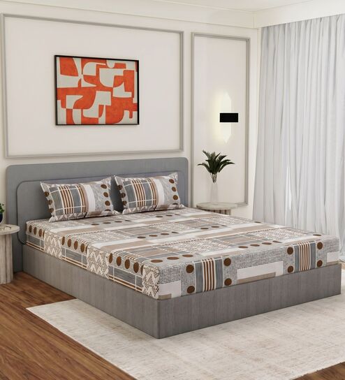 Brown Abstract 180 TC Polyester King Sized Bedsheet With 2 Pillow Covers