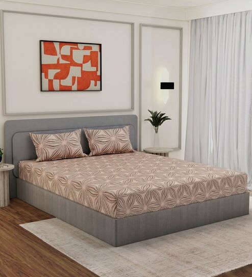 Beige Abstract 180 TC Polyester King Sized Bedsheet With 2 Pillow Covers