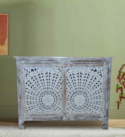 Royal Mandala Solid Wood Hand Carved Sideboard in Blue Finish