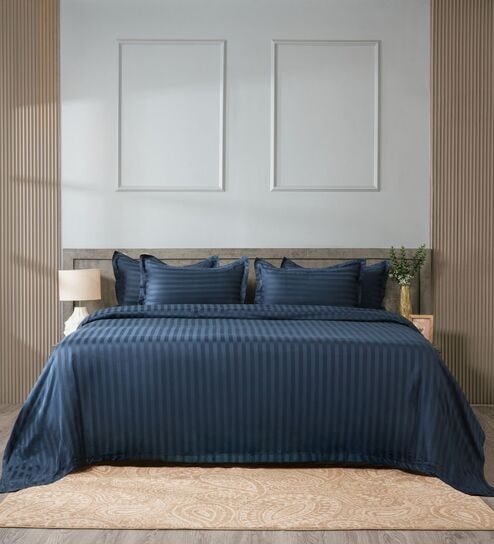 Navy Blue 300TC 100% Cotton Stripe Flat Super King Bedsheet with 2 Pillow Covers
