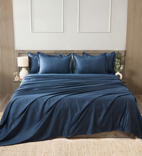 Navy Blue 400TC 100% Cotton Solid Flat Super King Bedsheet With 2 Pillow Covers