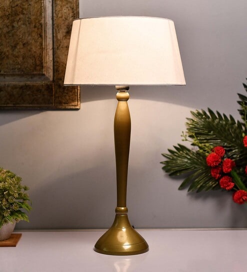 Royal Ovoid gold brushed lamp with white drum shade