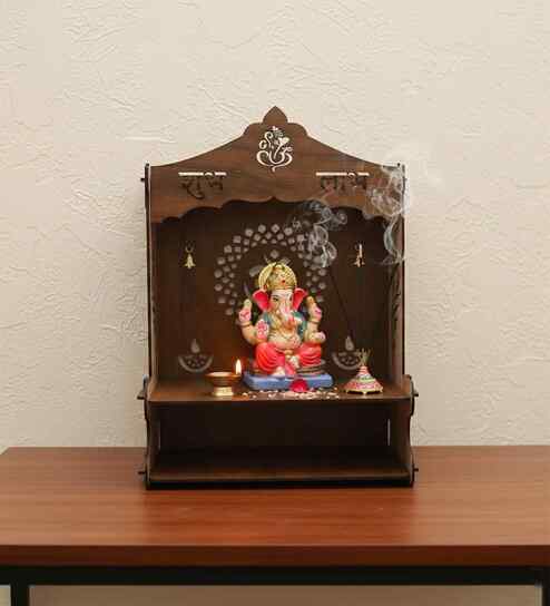 Royal Walnut Finish Ganesha Printed Wooden Pooja Mandir