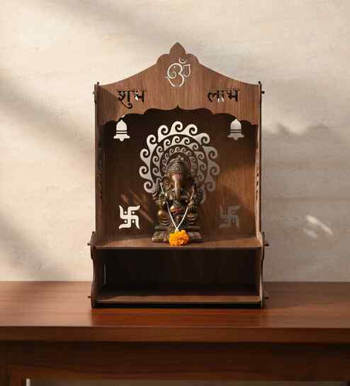 Royal Walnut Finish Om Printed Wooden Pooja Mandir