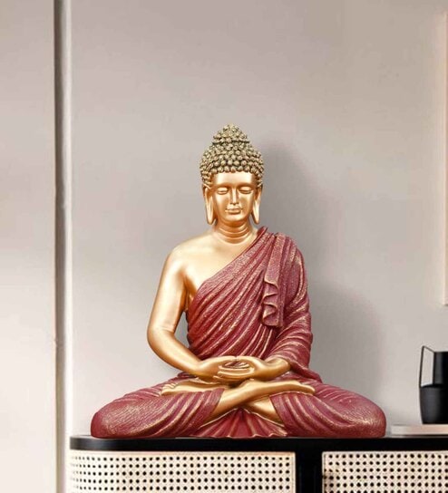 Meditating Buddha Idol  Polyresin  Red and Bronze  Water Resistant