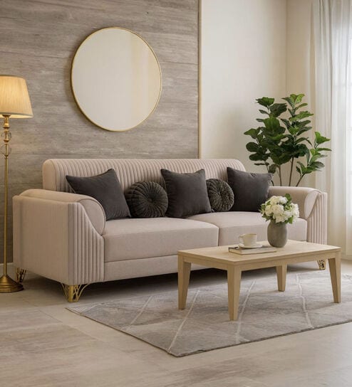 RoyalPlush Fabric Three Seater Sofa in Beige Colour