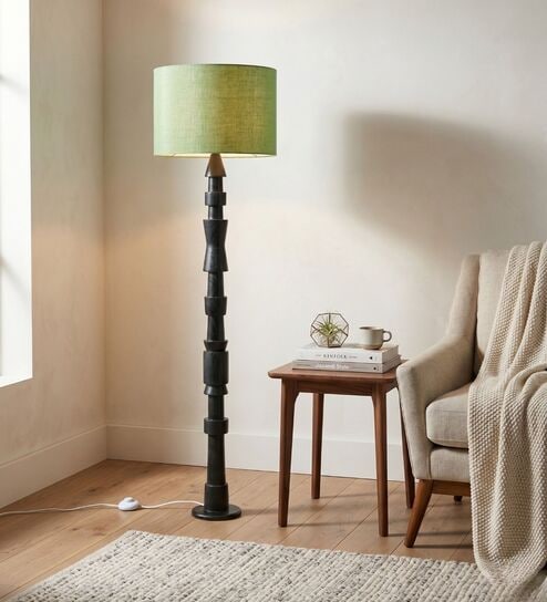 Roz Handcrafted Chancoal Wooden Floor Lamp with Fabric Lampshade in Green Color