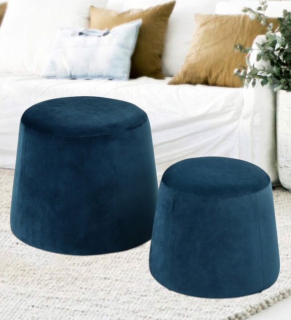 Buy Round Nest Shape Velvet Pouffe In Dark Blue Set Of 2 By Workspace By Azazo Online Solid Color Pouffes Seating Furniture Pepperfry Product