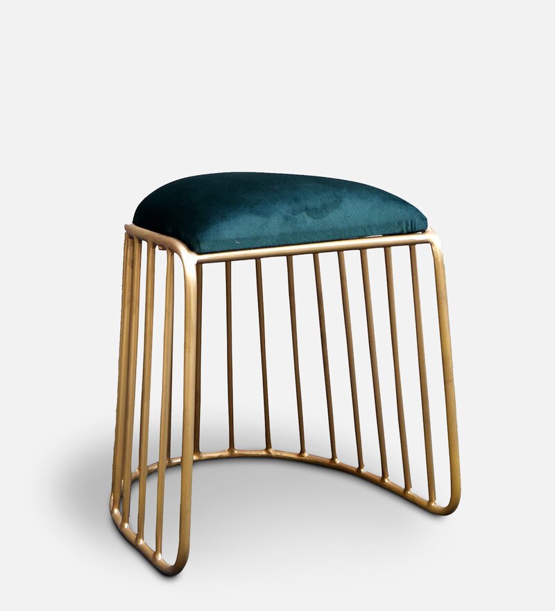 Buy Round Metal Seating Stool in Golden Stand & Green Colour Online