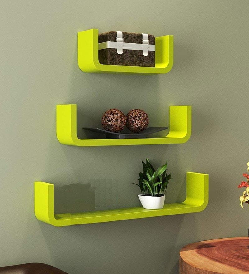 Buy RoundRack Floating Wall Shelf in Green Set of 3 by Wood Decor City