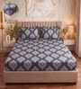 Royal Blue Motif Polycotton Double King Fitted Bedsheet With 2 Frill Pillow Covers