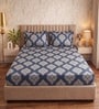Royal Blue Motif Polycotton Double King Fitted Bedsheet With 2 Frill Pillow Covers